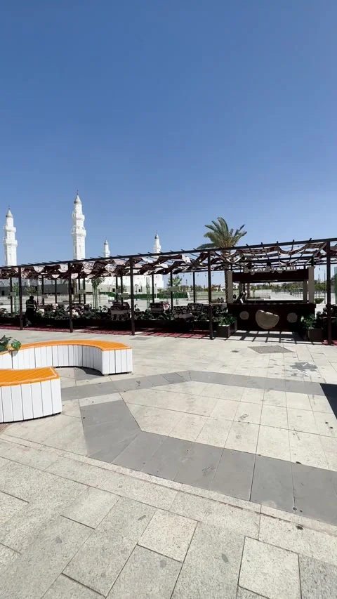 Seating and Plaza with View of Masjid Quba Stock Footage 344070587