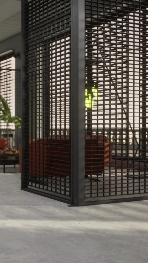 Seating area with grid walls and light in modern indoor space Stock Footage 334258604