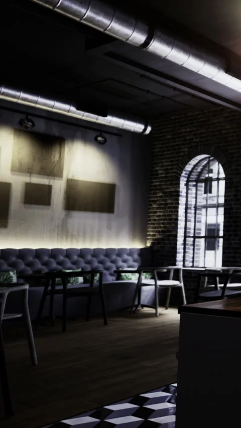 Seating area with simple decor in a cafe near a window during the day Stock Footage 331634892