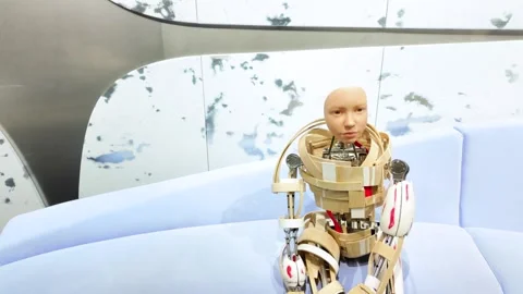 Seating down cyborg robot with Kid's face, Seoul, South Korea - 4K Stock Footage 338043764