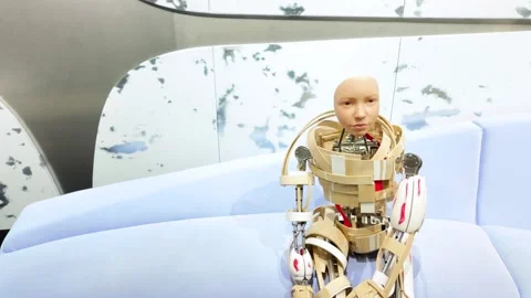 Seating down futuristic robot with Kid's face, Seoul, South Korea - 4K Stock Footage 338043766