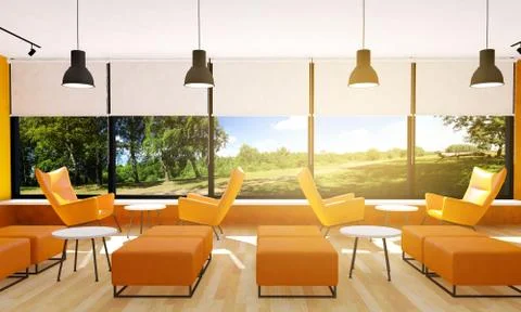 Seating in modern restaurant interior, 3D rendering Stock Illustration