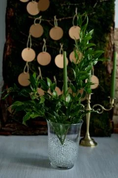 Seating plan, wedding decor in rustic style.Moss, bark, wood, crafting cards. Stock Photos