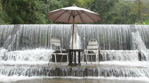 Seating in waterfall ,relax time at Mae Kampong waterfall in Chiang Mai, Thailan Stock Footage 90355026