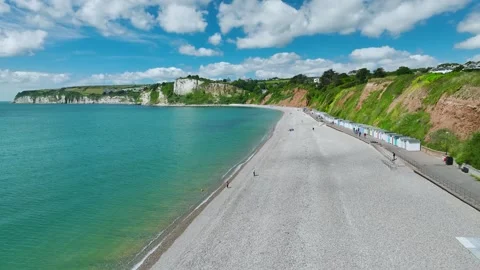 Seaton Beach and White Cliff from a drone, Jurassic Coast, Seaton, Devon, UK Stock Footage 278495923