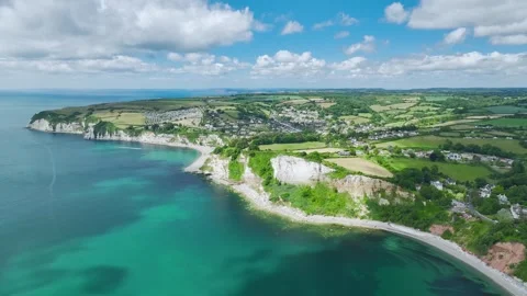 Seaton Beach and White Cliff from a drone, Jurassic Coast, Seaton, Devon, UK Stock Footage 278495948