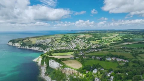 Seaton Beach and White Cliff from a drone, Jurassic Coast, Seaton, Devon, UK Stock Footage 278495964