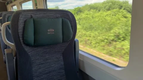 Seats in the first-class carriage of a Great Western railway high speed train Stock Footage 337318022