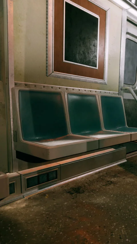 Seats in a subway train with a simple interior design during daytime Stock Footage 340282928