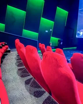 Seats in theater, empty seats in empty theater, red seats 스톡 사진
