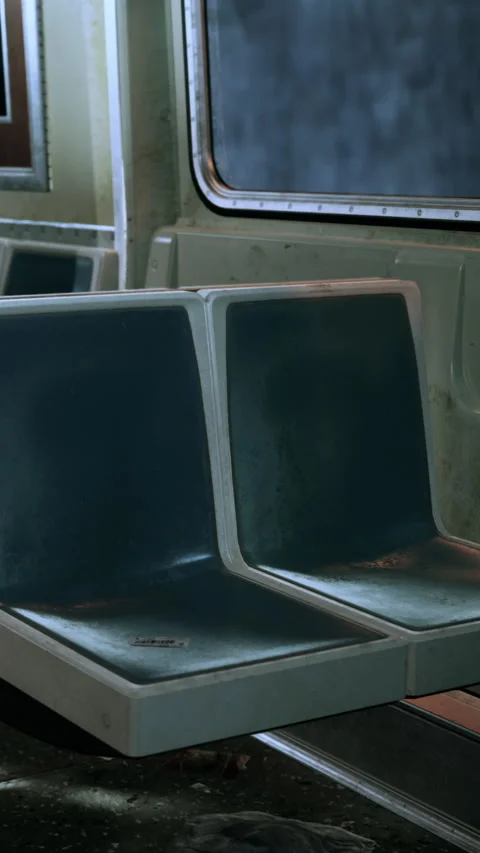 Seats on a train in a quiet station during the afternoon hours Stock Footage 341987346