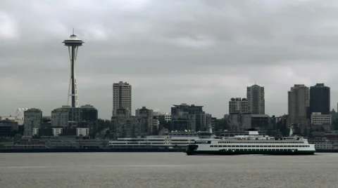 Seattle 03: Ferry with Space Needle real time Video stock 1048192