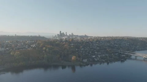 Seattle Aerial Interstate 90 Bridge Lake Washington Fall Colors 4K Stock Footage 206473370