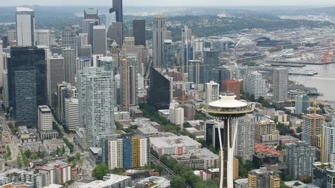 Seattle Aerial Shot Looking South with Space Needle and Mountains Stock Footage