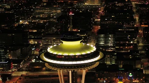 Seattle Aerial v104 Closeup shot flying around Space Needle at night Stock Footage