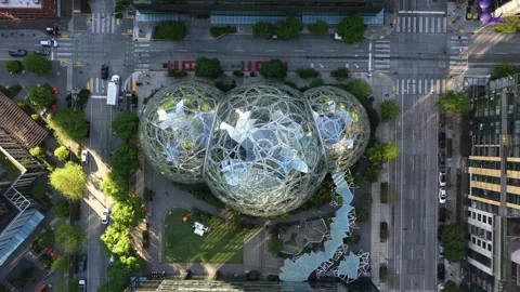 Seattle Amazon Spheres headquarters with three iconic glass geodesic domes Stock Footage 335895023