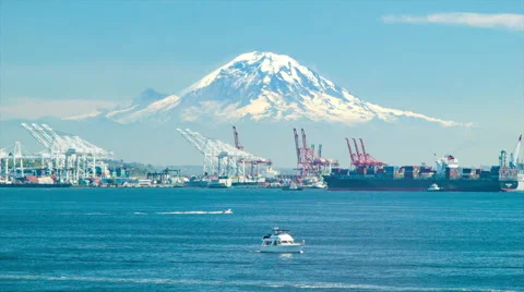 Seattle Cargo Seaport with Mount Ranier Tacoma Tahoma Backdrop Stock Footage 61008221