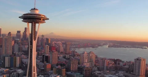 Seattle Cityscape Aerial at Sunset with Space Needle Stock Footage