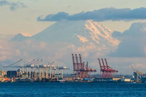 Seattle Container Terminal with Mount Rainier in the Background Stock Photos