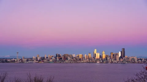 Seattle downtown Skyline day to night time lapse with Space Needle, Elliott Bay Stock Footage