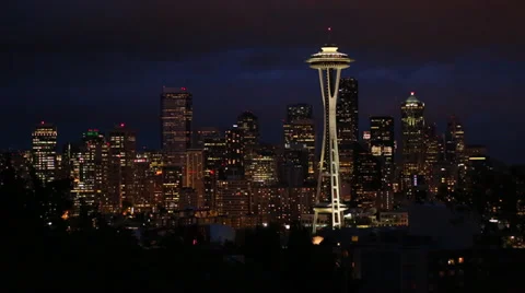 Seattle downtown skyline at night pan 25p Video stock 24684331