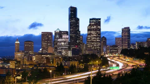 Seattle downtown time-lapse traffic city skyline  freeway downtown buildings Stock Footage 24631314