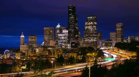 Seattle downtown time-lapse traffic city skyline  freeway downtown buildings Stock Footage 24631468