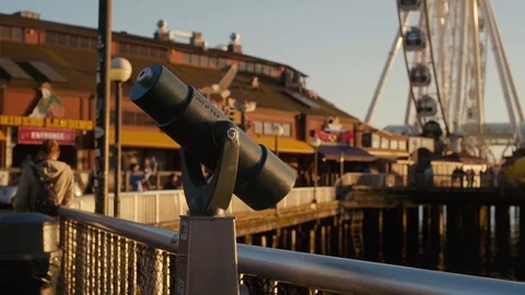 Seattle Downtown Waterfront - Looking Scope and Ferriswheel Stock Footage 90060328