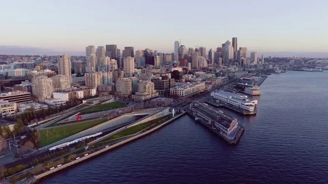 Seattle Downtown Waterfront Train Aerial City View Stock Footage