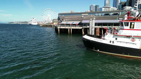 Seattle Ferris Wheel, Side Pan Past Tugboat then Ascending Stock Footage 225568150