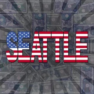 Seattle flag text on dollars sunburst illustration Ilustración de archivo