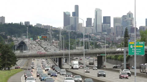Seattle Freeway commuter traffic time-lapse city skyline Stock Footage 24545207