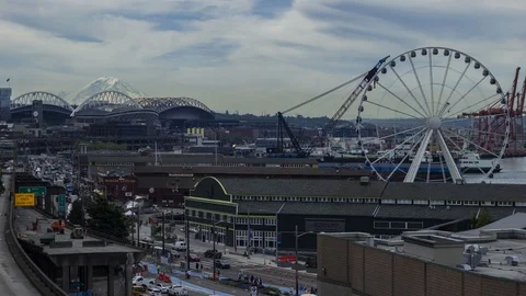 Seattle: Great Wheel and Mount Rainier with Harbor Activity, Day, Medium Stock Footage 112275759