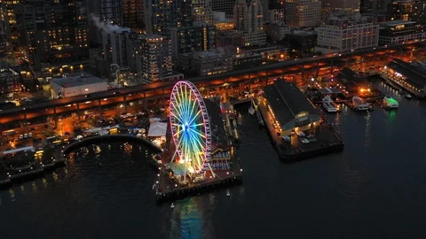 Seattle Great Wheel ferris at night drone video Stock Footage