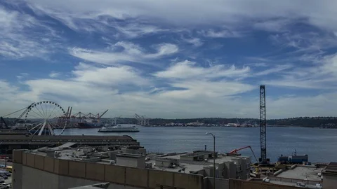 Seattle: Great Wheel with Harbor Activity, Day, Wide Stock Footage 112275509