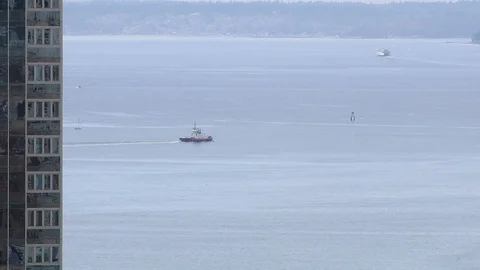 Seattle Harbor Tugboat from afar Stock Footage 116753577