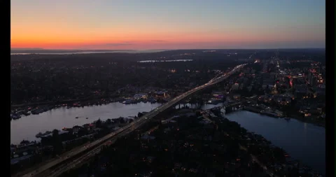 Seattle I-5 Bridge Traffic Aerial Night City Lights Highway 4K Stock Footage 331950946