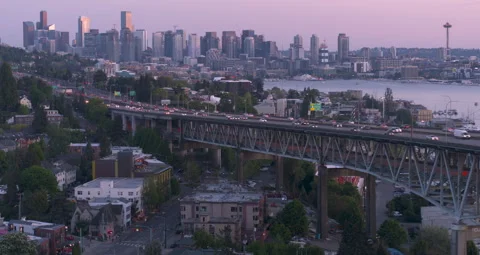 Seattle I-5 Freeway Bridge Traffic Aerial with Skyline 6K Stock Footage 265178123