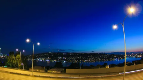 Seattle I-5 Traffic Time Lapse Dusk Pan Fisheye Stock Footage 32101799