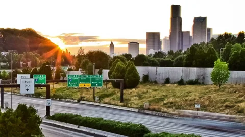 Seattle I-90 Traffic Time Lapse Sunset Zoom Stock Footage 32107964