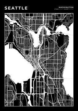 Seattle Map Wall Art Frame, Cartography Map Print, City Layout Map Stock Illustration