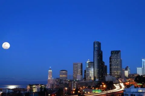 Seattle at Moonset Stock Photos
