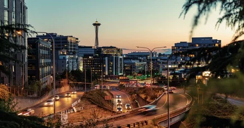 Seattle Motion Timelapse Downtown with Colorful Sunset Lighting Stock Footage