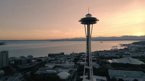 Seattle needle sunset drone video Stock Footage 248882953