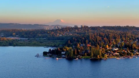 Seattle Neighborhood with Mount Rainier in the Background by Aerial Drone Stock Footage