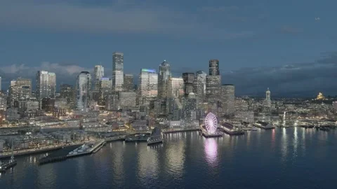 Seattle Night Cityscape Reflection 4K Aerial Video Stock Footage 208490569