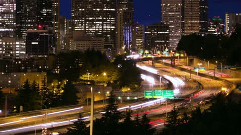 Seattle night timelapse city skyline traffic Stock Footage