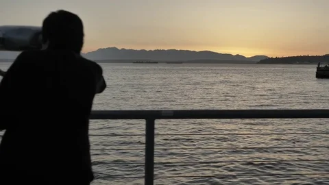 Seattle Pier Sunset Sillouettes Slow Motion Stock Footage