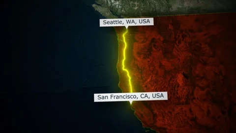Seattle to San Francisco Road Path Animation on World Map Video stock 321756498