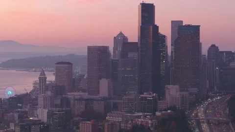 Seattle Skyline at Dusk Soft Evening Light Aerial Stock Footage 332249847